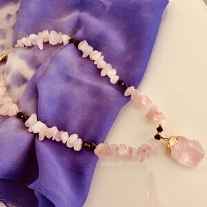 Chunky Beaded Rose Quartz Necklace, Swarovski Black Crystal Beads, Large Pendant